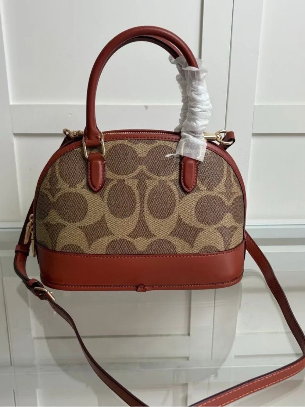 Coach Brown/Tan Signature Dome Satchel with Chestnut Trim